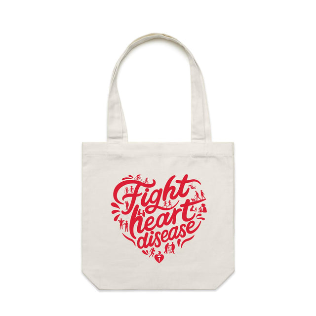 White tote bag with a red heart-shaped “Fight heart disease” design, featured on white background.