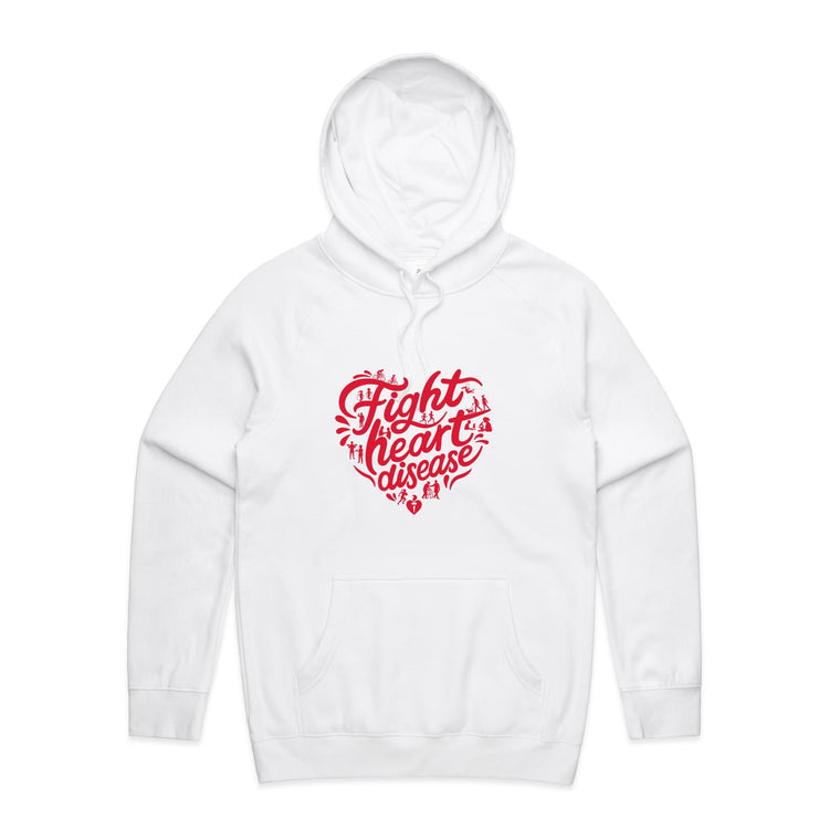 Front view of a white unisex hoodie with a red heart-shaped “Fight heart disease” design and kangaroo pocket.