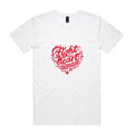 White unisex t-shirt with heart shaped 'Fight heart disease' message drawing centre front displayed on white background.