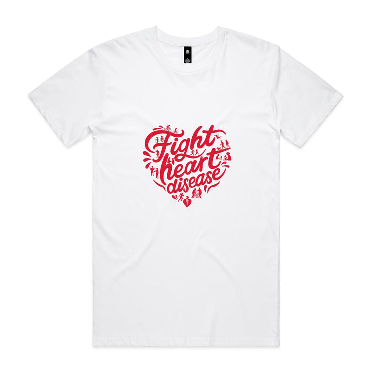 White unisex t-shirt with heart shaped 'Fight heart disease' message drawing centre front displayed on white background.