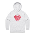 Women's white hoodie with red heart shaped 'Fight heart disease' message drawing centre front displayed on white background.