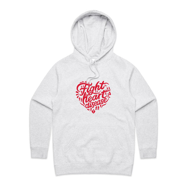 Women's white hoodie with red heart shaped 'Fight heart disease' message drawing centre front displayed on white background.
