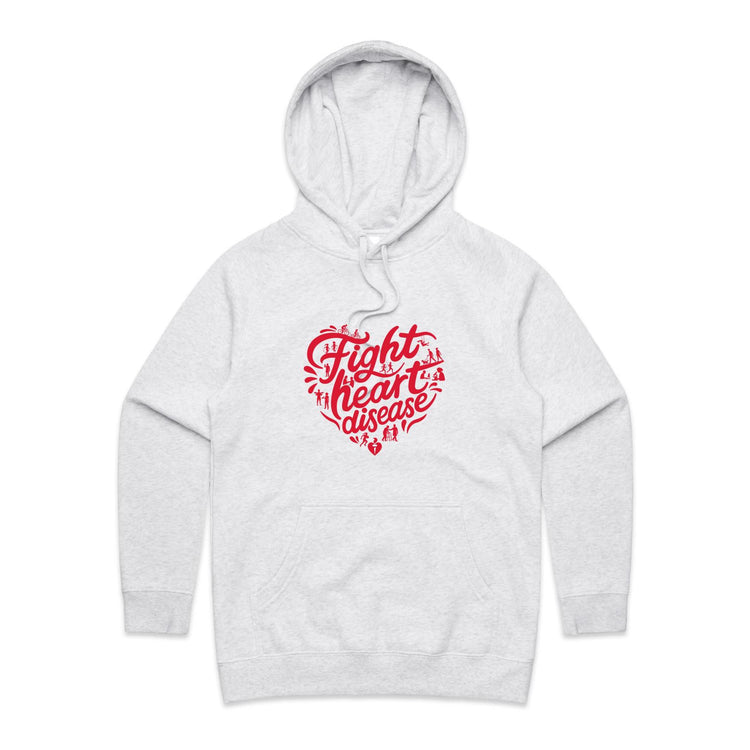 Women's white hoodie with red heart shaped 'Fight heart disease' message drawing centre front displayed on white background.