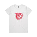 Women's white t-shirt with heart shaped 'Fight heart disease' message drawing centre front displayed on white background.