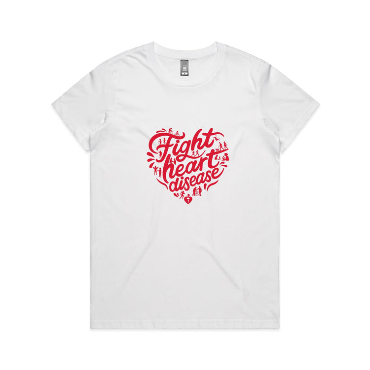 Women's white t-shirt with heart shaped 'Fight heart disease' message drawing centre front displayed on white background.