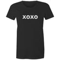 Women's black t-shirt with XOXO design in white print. Featured on grey gradient background