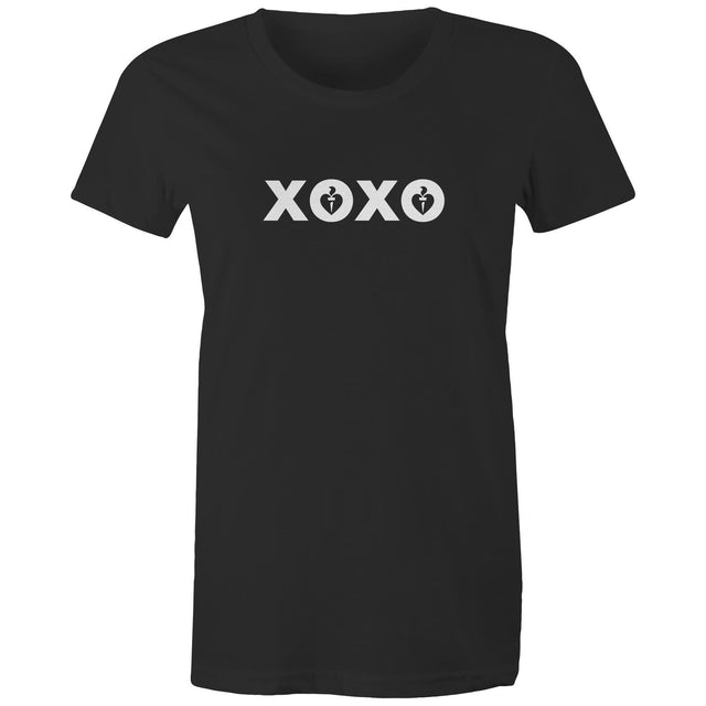 Women's black t-shirt with XOXO design in white print. Featured on grey gradient background