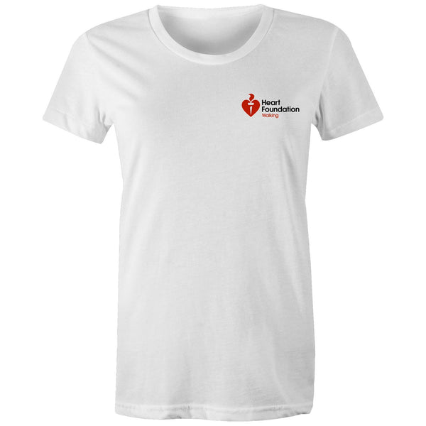 Heart Foundation Walking program women's white T-Shirt with red/black logo left chest.