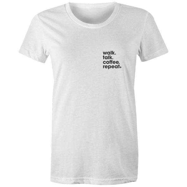 Women's short sleeve white Heart Foundation t-shirt with Walk.Talk.Coffee.Repeat print to left chest.