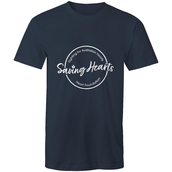 Mens/unisex short sleeve navy Heart Foundation t-shirt with Saving hearts print to centre chest.