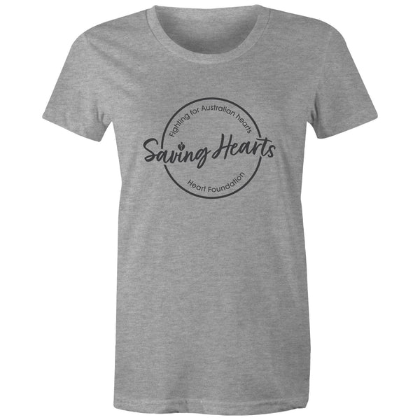 Women's short sleeve grey marle Heart Foundation t-shirt with Saving hearts print to centre chest.