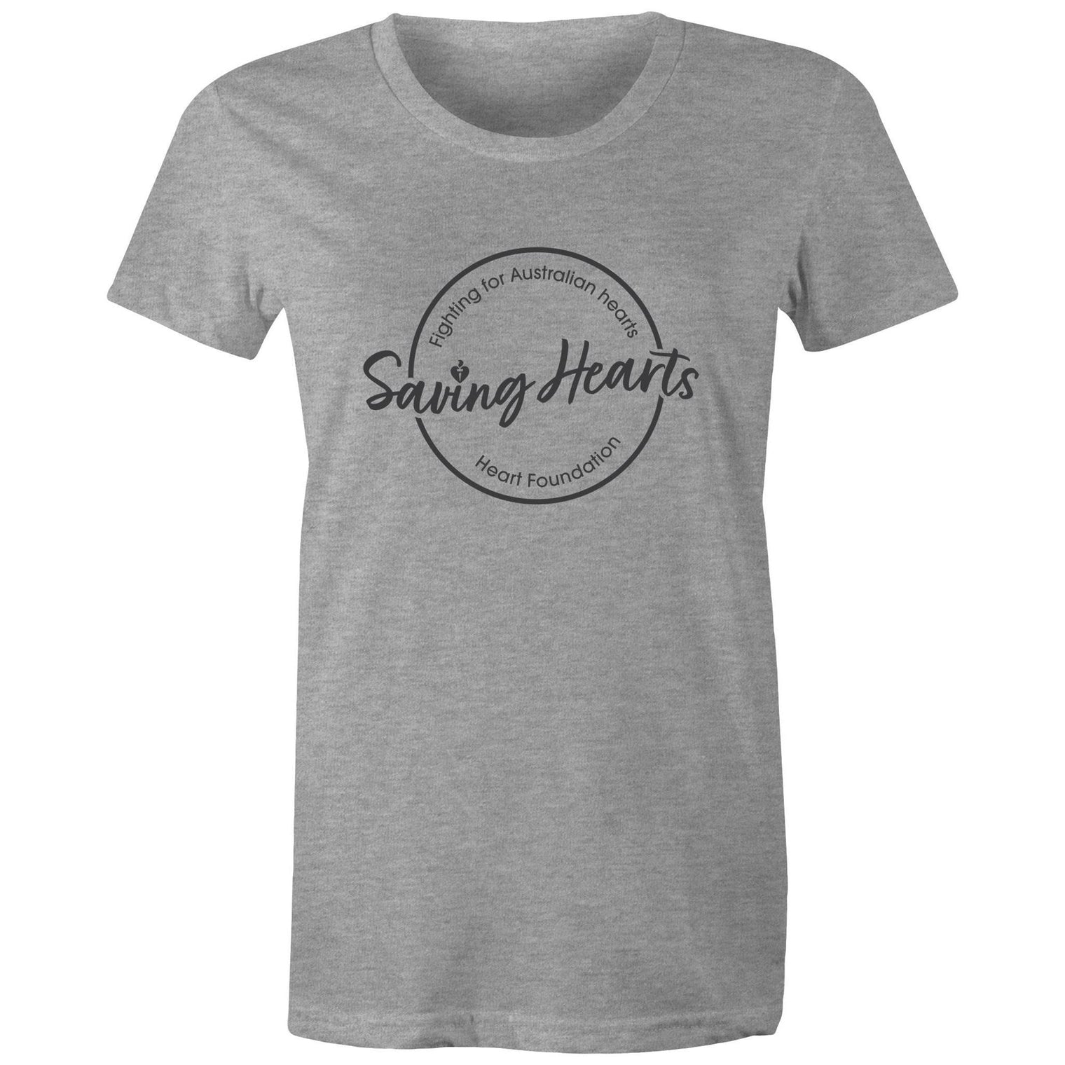 Women's short sleeve grey marle Heart Foundation t-shirt with Saving hearts print to centre chest.