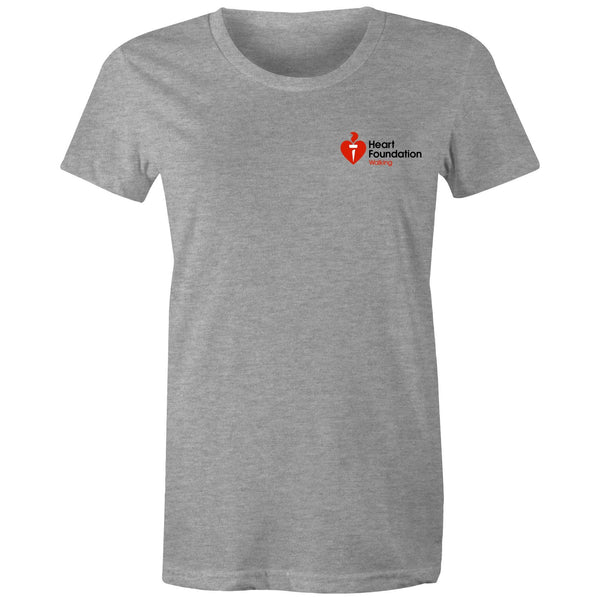 Heart Foundation Walking program women's grey marle t-Shirt with red/black logo left chest.