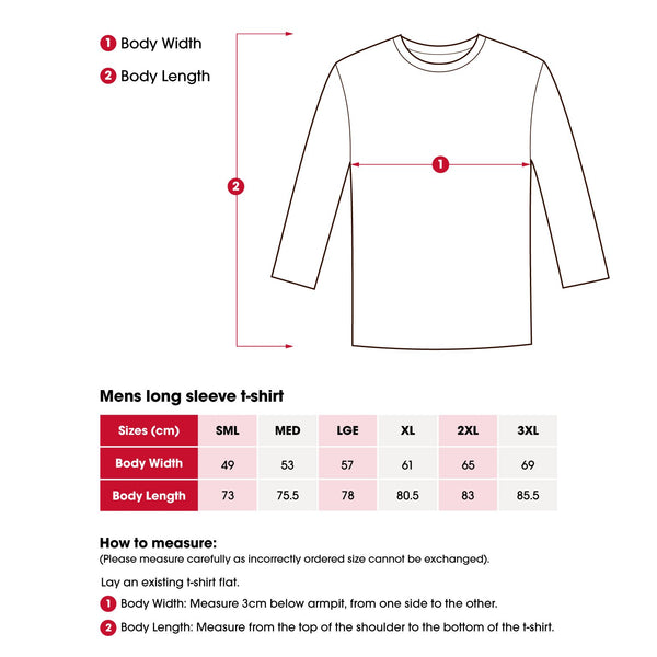 Mens/unisex long sleeve t-shirt size chart with how to measure instructions.