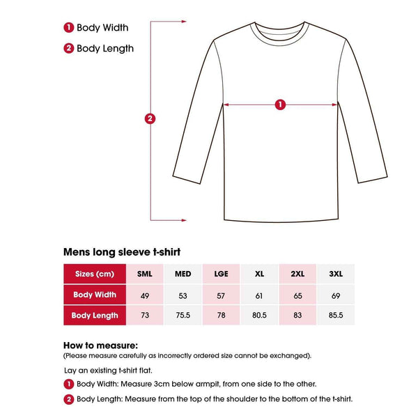 Mens/Unisex Long Sleeve T-Shirt size chart | Heart Foundation