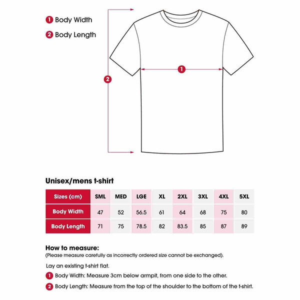 Short sleeve t-shirt size chart with how to measure instructions.