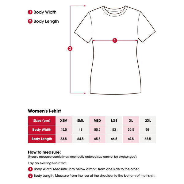 Women's short sleeve t-shirt size chart with how to measure instructions.