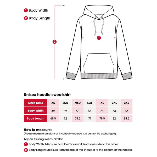 Unisex hoodie size chart