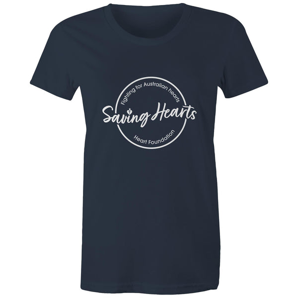 Women's short sleeve navy Heart Foundation t-shirt with Saving hearts print to centre chest.