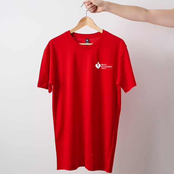 Red mens/unisex short sleeve t-shirt shown on hanger with Heart Foundation Walking logo to left chest.