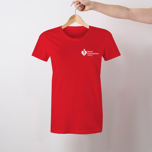 Women's red T-Shirt with white Heart Foundation Walking program logo left chest.