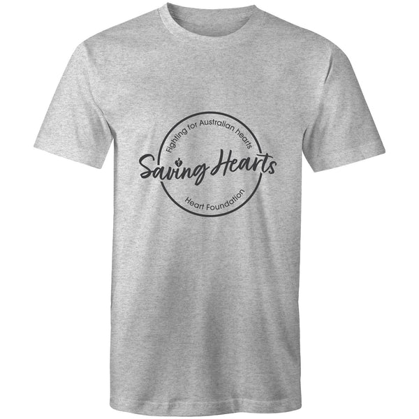 Mens/unisex short sleeve grey marle Heart Foundation t-shirt with Saving hearts print to centre chest.