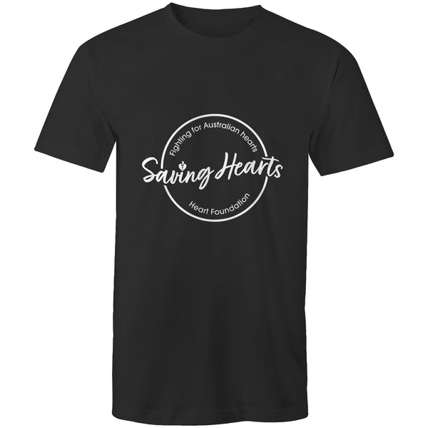 Mens/unisex short sleeve black Heart Foundation t-shirt with Saving hearts print to centre chest.