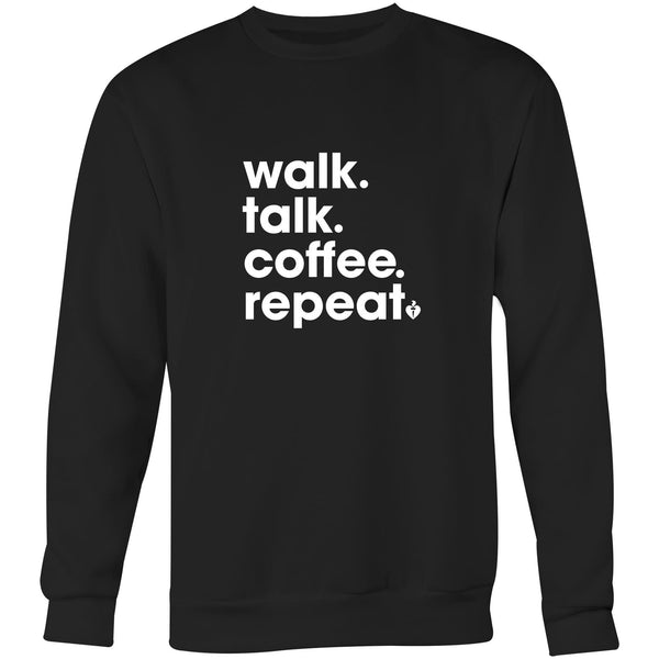 Black Heart Foundation unisex sweatshirt featuring walk.talk.coffee.repeat slogan in white print and displayed on hanger.