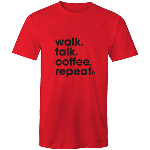 Mens/unisex short sleeve red Heart Foundation t-shirt with Walk.Talk.Coffee.Repeat print to centre chest.