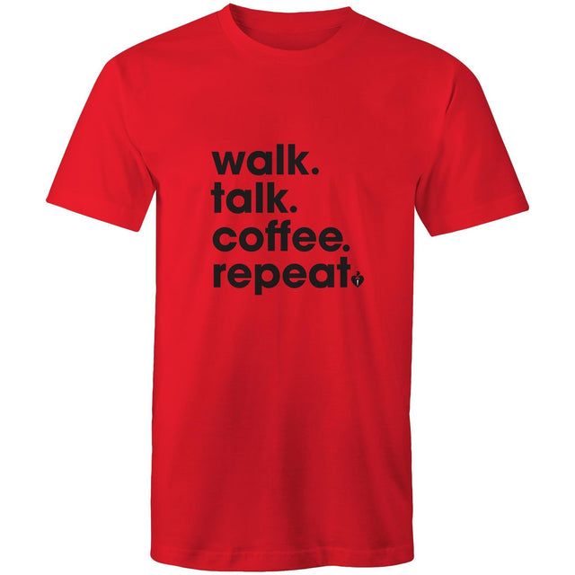 Mens/unisex short sleeve red Heart Foundation t-shirt with Walk.Talk.Coffee.Repeat print to centre chest.