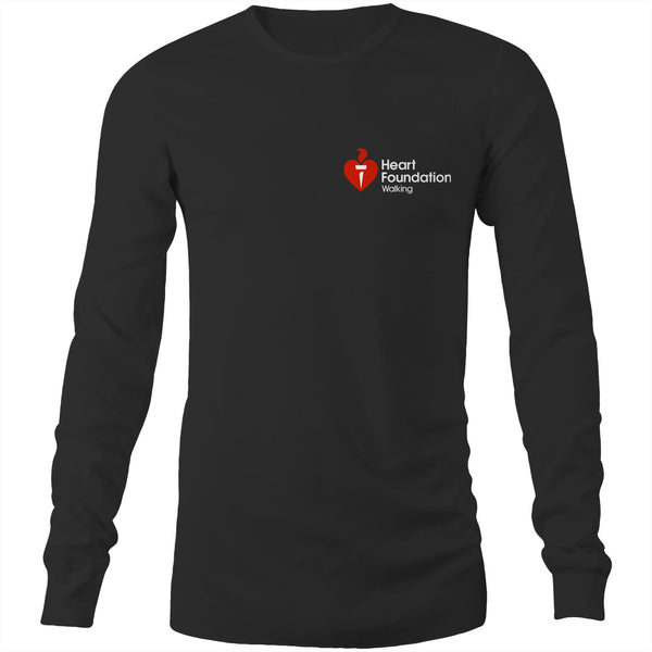 Mens/Unisex Black Long Sleeve T-Shirt with Heart Foundation Walking logo to left chest.