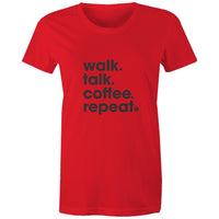 Women's short sleeve red Heart Foundation t-shirt with Walk.Talk.Coffee.Repeat print to centre chest.