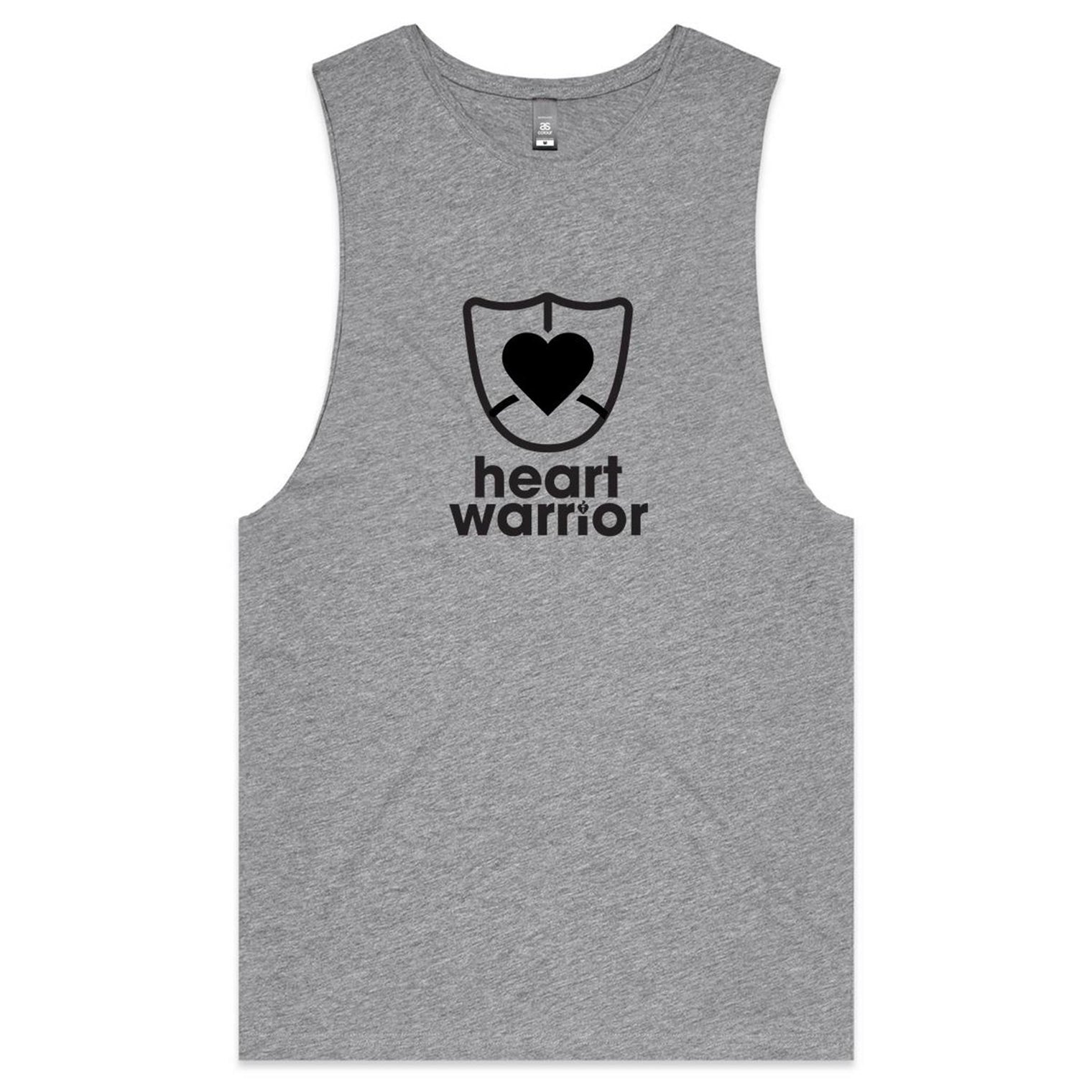 Light grey marle Heart Foundation mens tank with heart warrior design in black print.