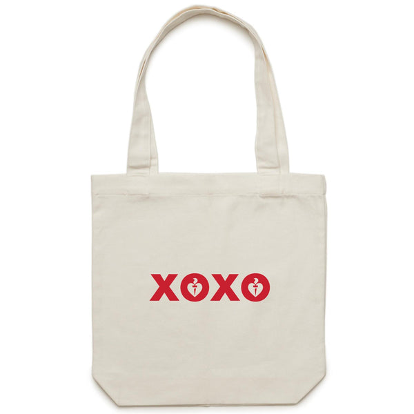 Heart Foundation cream canvas tote bag with XOXO design in red print on the front.