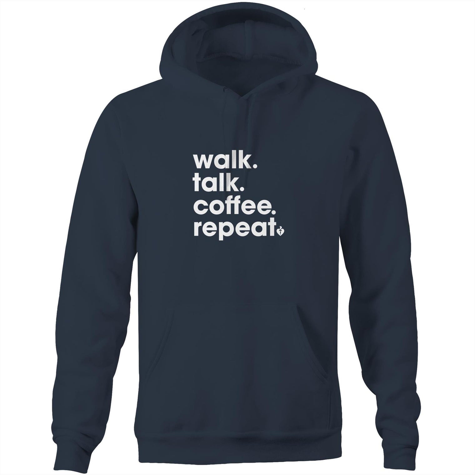 Navy unisex hoodie featuring walk.talk.coffee.repeat.slogan in white print