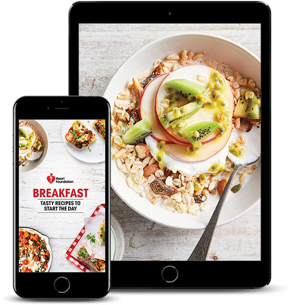 Heart Foundation Breakfast recipe booklet cover shown on mobile, fruit and nut muesli recipe shown on tablet screen