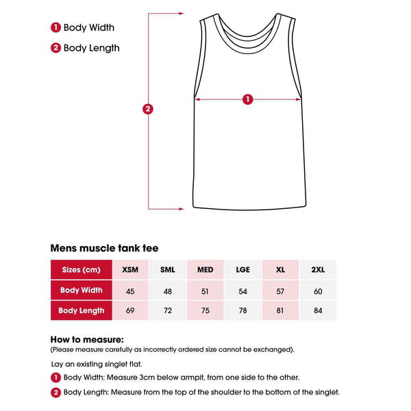 Heart Foundation mens muscle tank size chart with how to measure instructions.