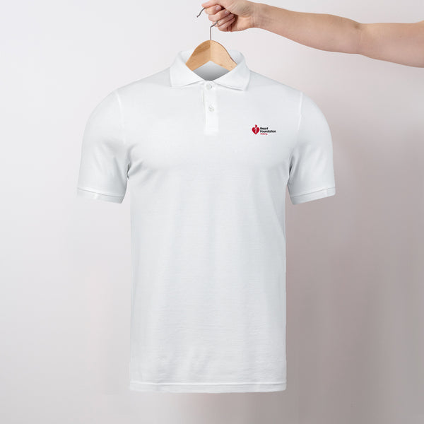 White Heart Foundation unisex polo shirt featuring Walking logo and displayed on hanger.