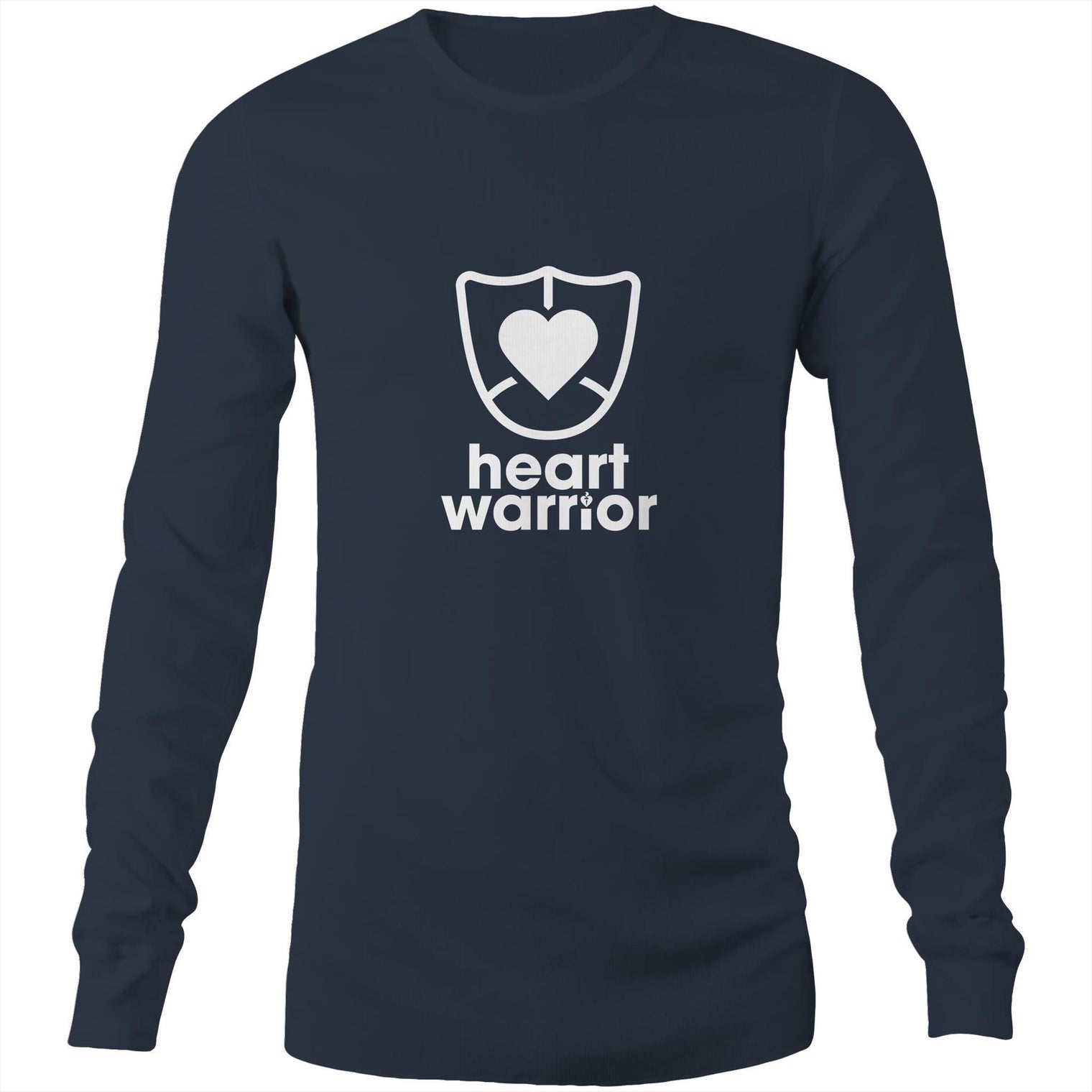 Mens/unisex long sleeve navy t-shirt featuring Heart Warrior print centre chest.