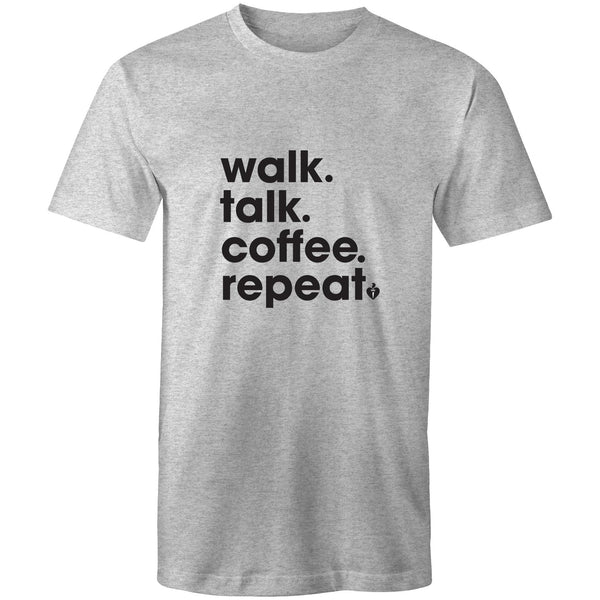 Mens/unisex short sleeve grey marle Heart Foundation t-shirt with Walk.Talk.Coffee.Repeat print to centre chest.