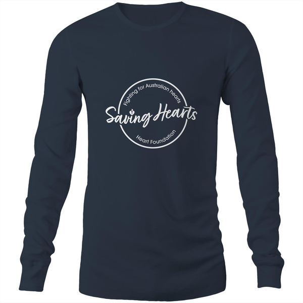 Navy mens/unisex long sleeve Heart Foundation t-shirt with Saving hearts print to centre chest.