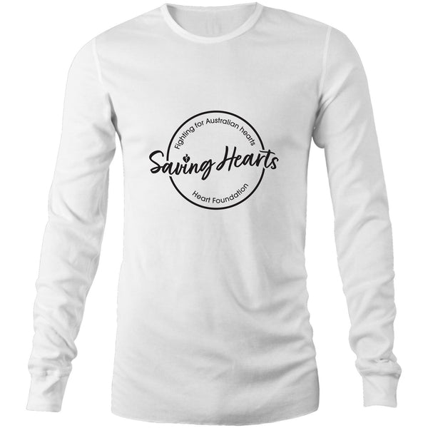 White mens/unisex long sleeve Heart Foundation t-shirt with Saving hearts print to centre chest.
