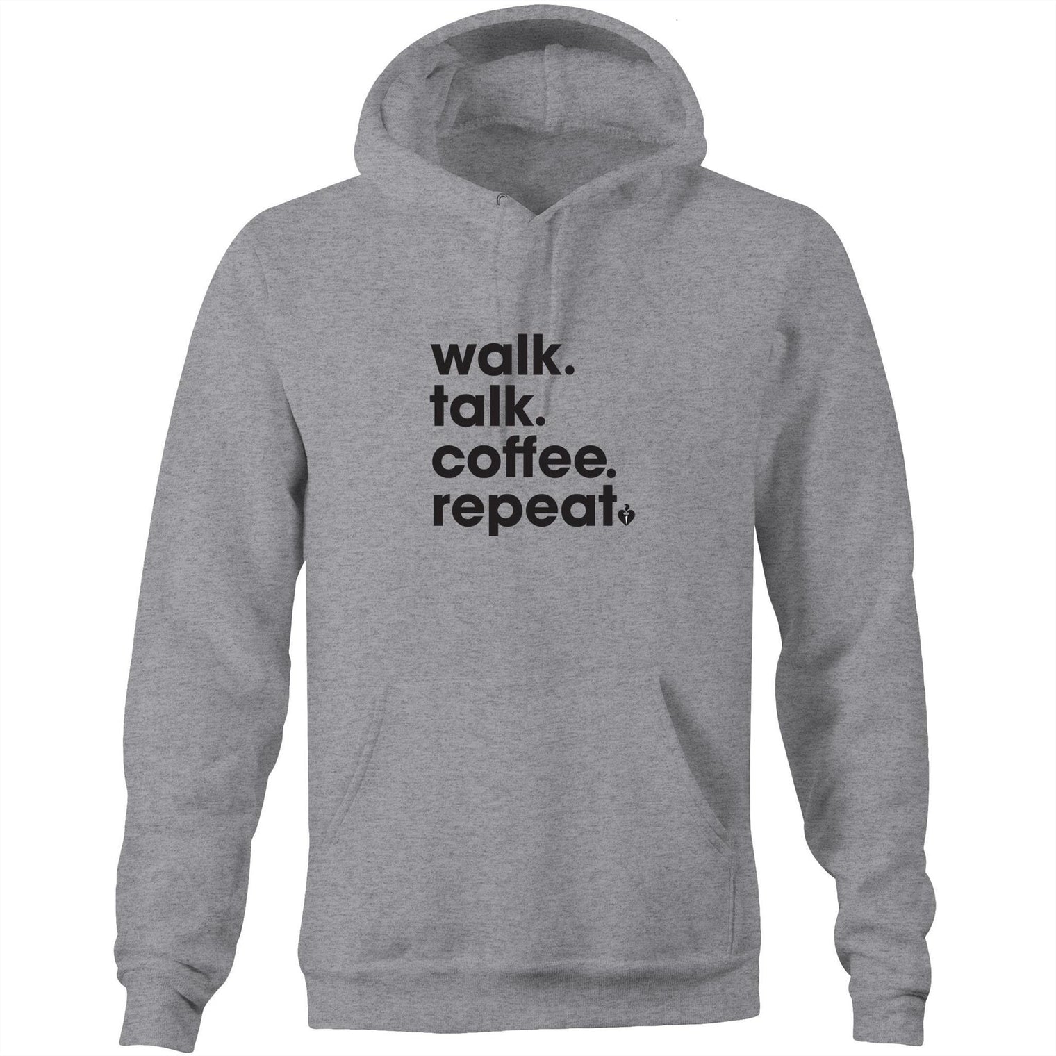 Light grey marle unisex hoodie featuring walk.talk.coffee.repeat.slogan in black print