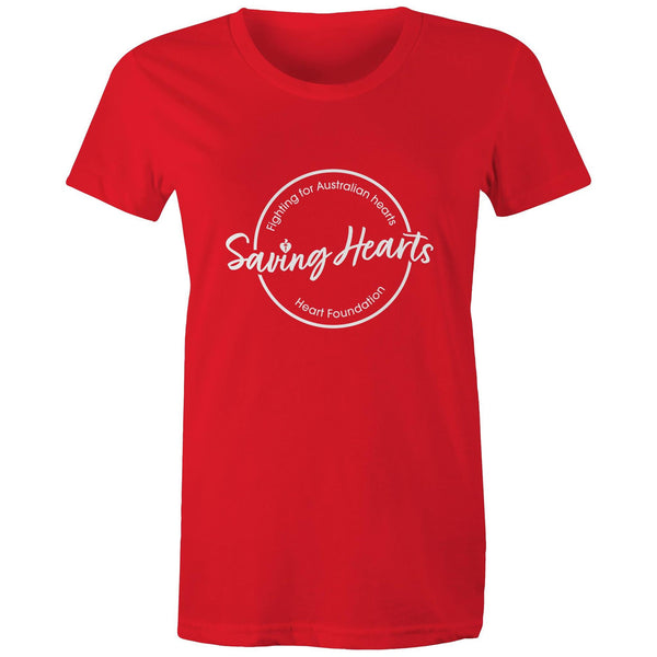 Women's short sleeve red Heart Foundation t-shirt with Saving hearts print to centre chest.