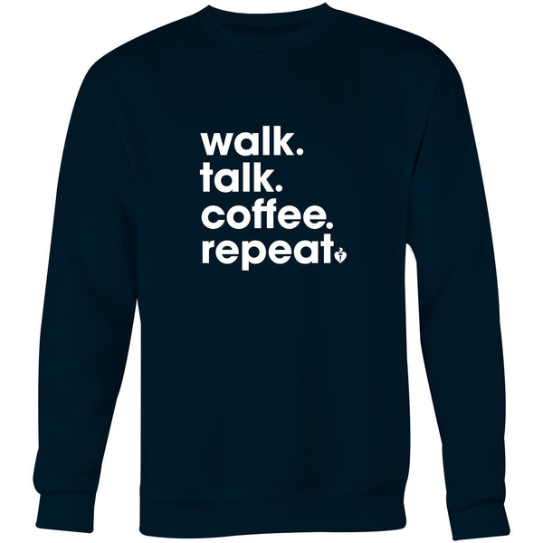 Navy Heart Foundation unisex sweatshirt featuring walk.talk.coffee.repeat slogan in white print and displayed on hanger.