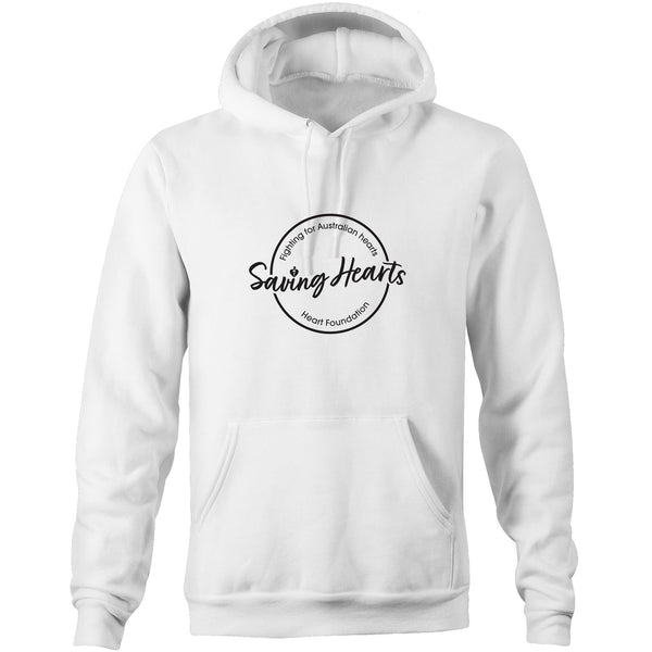 White Heart Foundation unisex hoodie featuring Saving Hearts design in black print