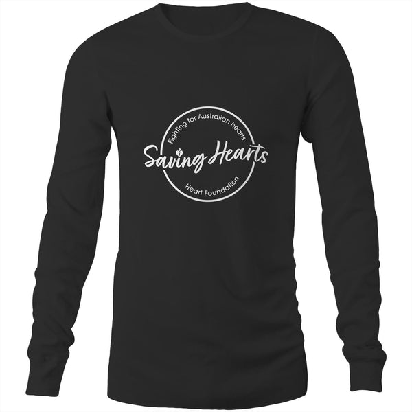 Black mens/unisex long sleeve Heart Foundation t-shirt with Saving hearts print to centre chest.