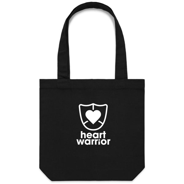 Heart Foundation black canvas tote bag with Heart warrior design in white print. on the front