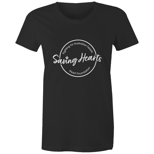 Women's short sleeve black Heart Foundation t-shirt with Saving hearts print to centre chest.