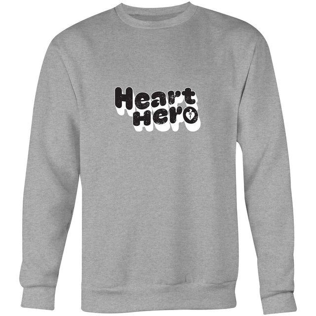 Light grey marle Heart Foundation unisex sweatshirtfeaturing Heart hero design in black/white print.